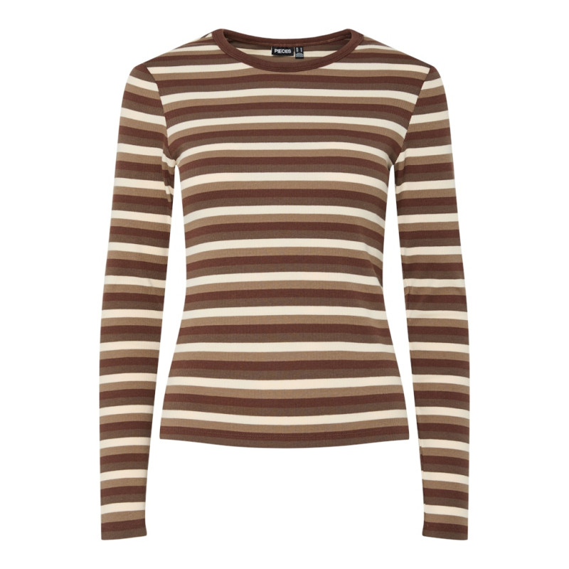 PIECES May L/S Stribet Top - Morel