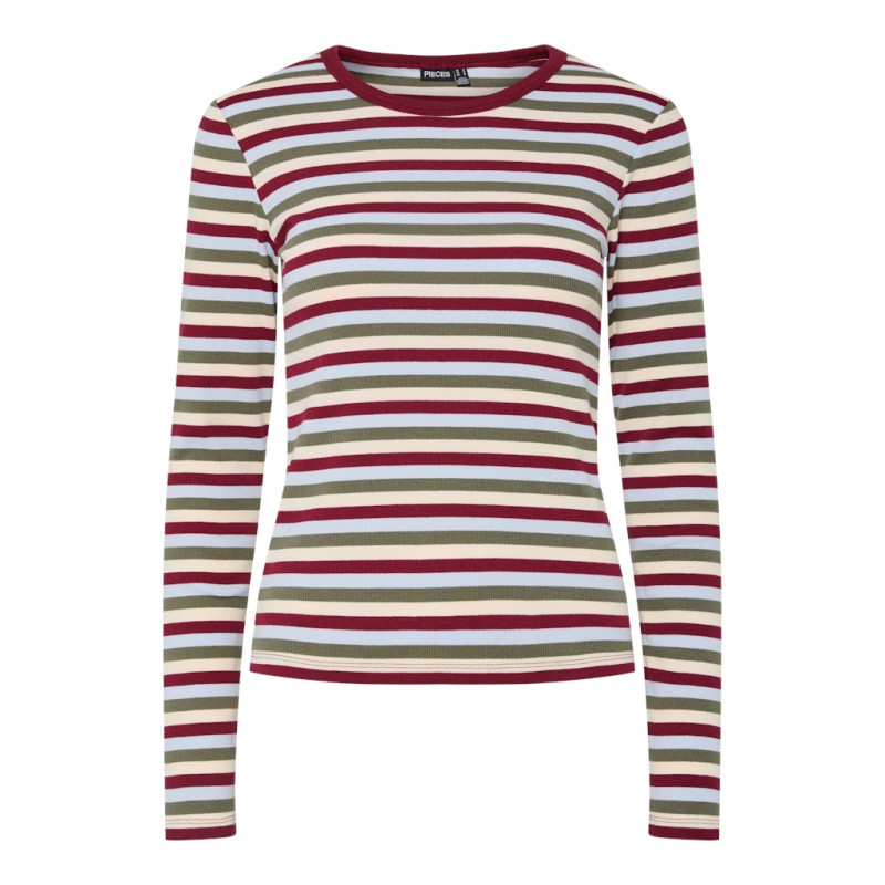 PIECES May L/S Stribet Top - Deep Lichen Green