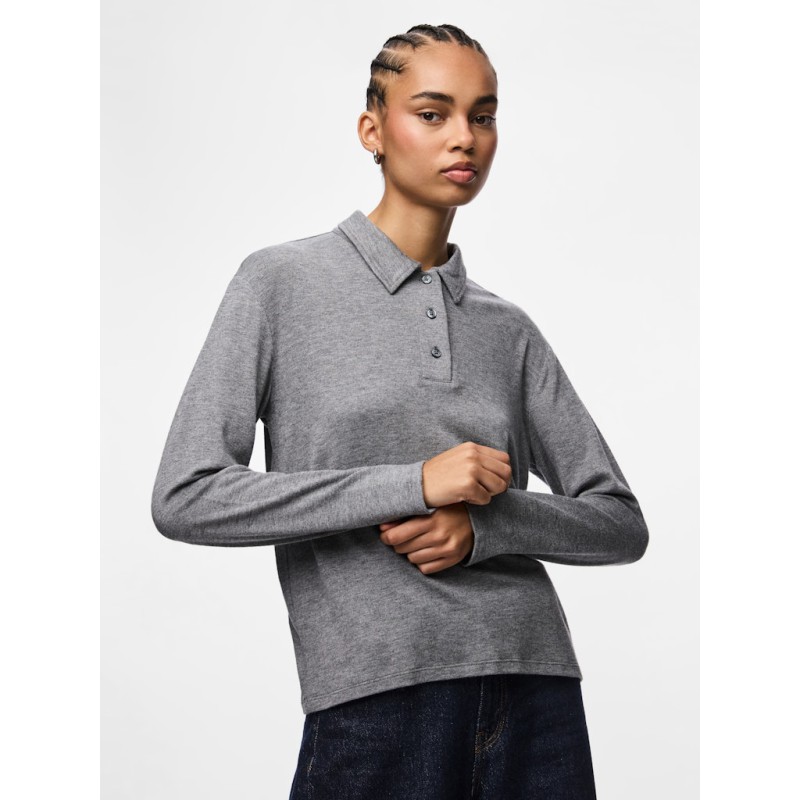PIECES Ritt L/S Polo - Medium Grey Melange