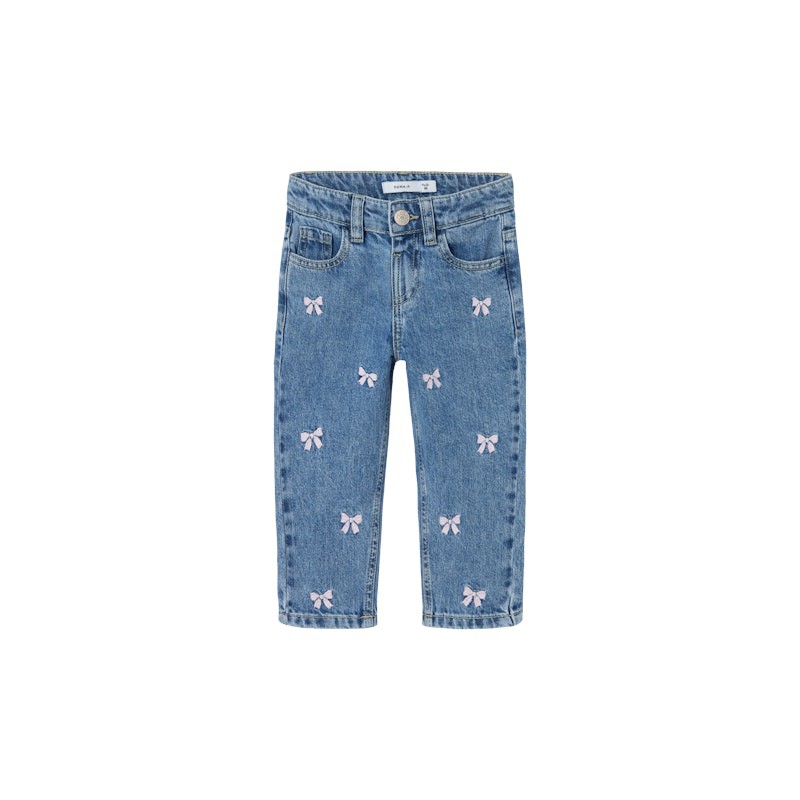 NAME IT MINI pige - Bella Mom fit Jeans - Medium Blue / Sløjfe