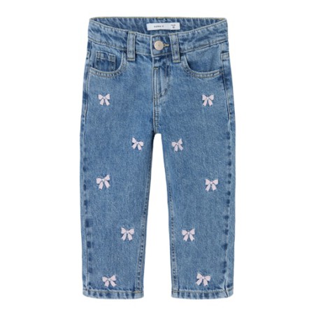 NAME IT MINI pige - Bella Mom fit Jeans - Medium Blue / Sløjfe