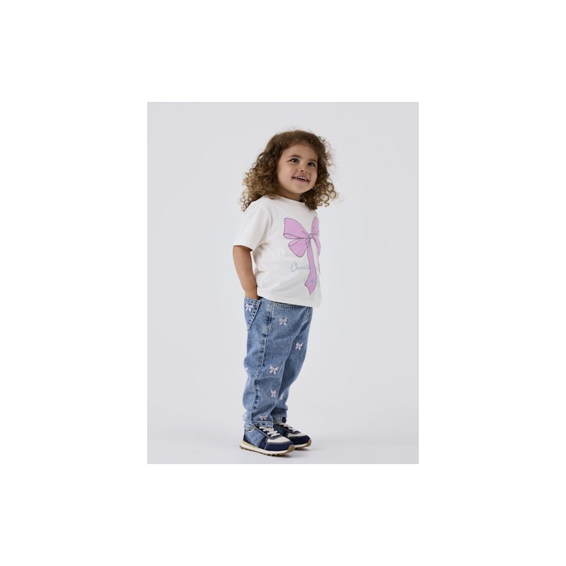NAME IT MINI pige - Bella Mom fit Jeans - Medium Blue / Sløjfe