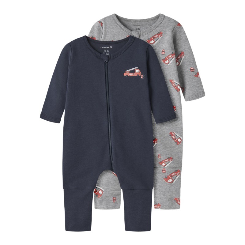 NAME IT Baby Brandbil Lynlås Natdragt 2-pak - Grey Melange