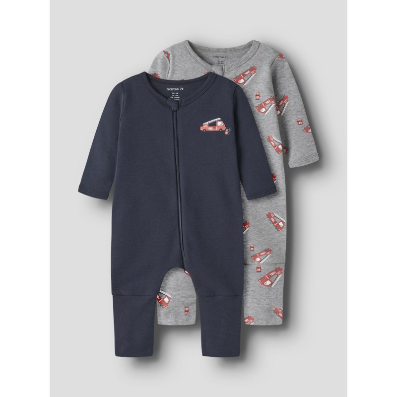 NAME IT Baby Brandbil Lynlås Natdragt 2-pak - Grey Melange