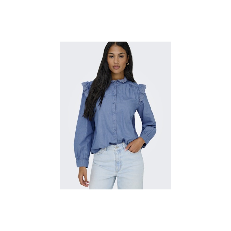 ONLY Piper Frill Denim Skjorte - Medium Blue Denim