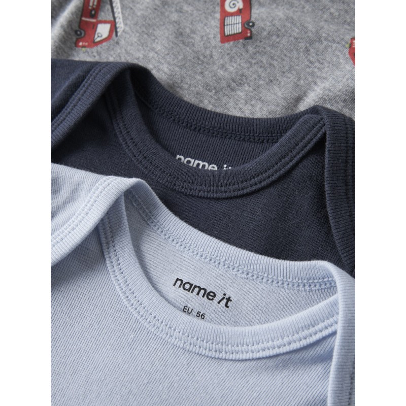 NAME IT Baby 3-pak Brandbil L/S Bodystocking - Grey Melange