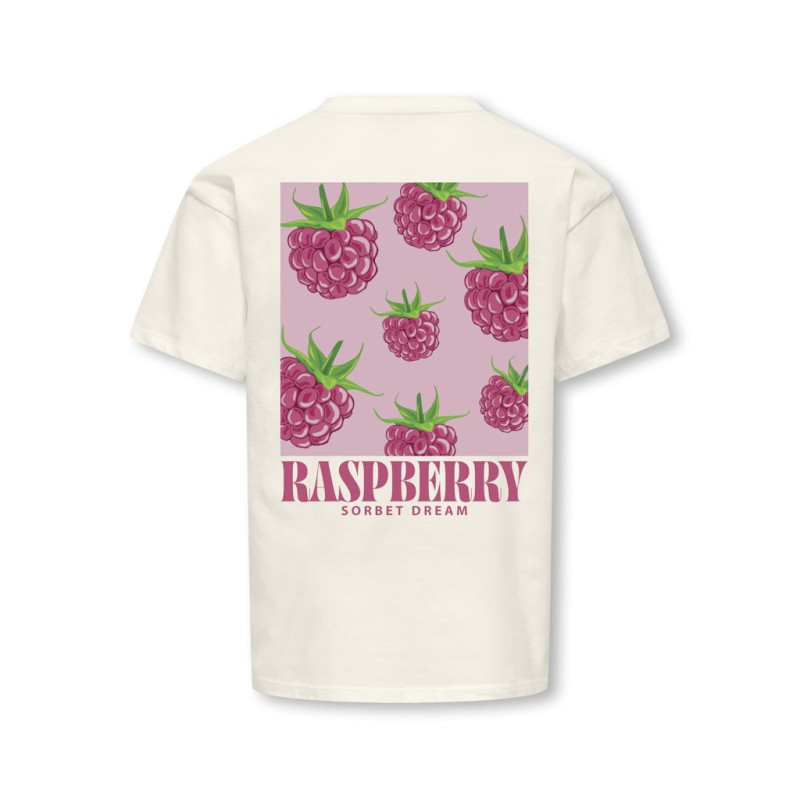 KIDS ONLT Carina S/S Løs Print T-shirt - Cloud Dancer / raspberry