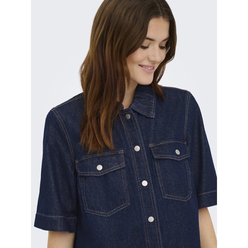 ONLY Belle S/S Button Kjole Denim - Dark Blue Denim