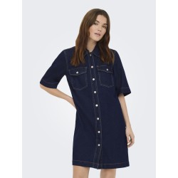 ONLY Belle S/S Button Kjole Denim - Dark Blue Denim