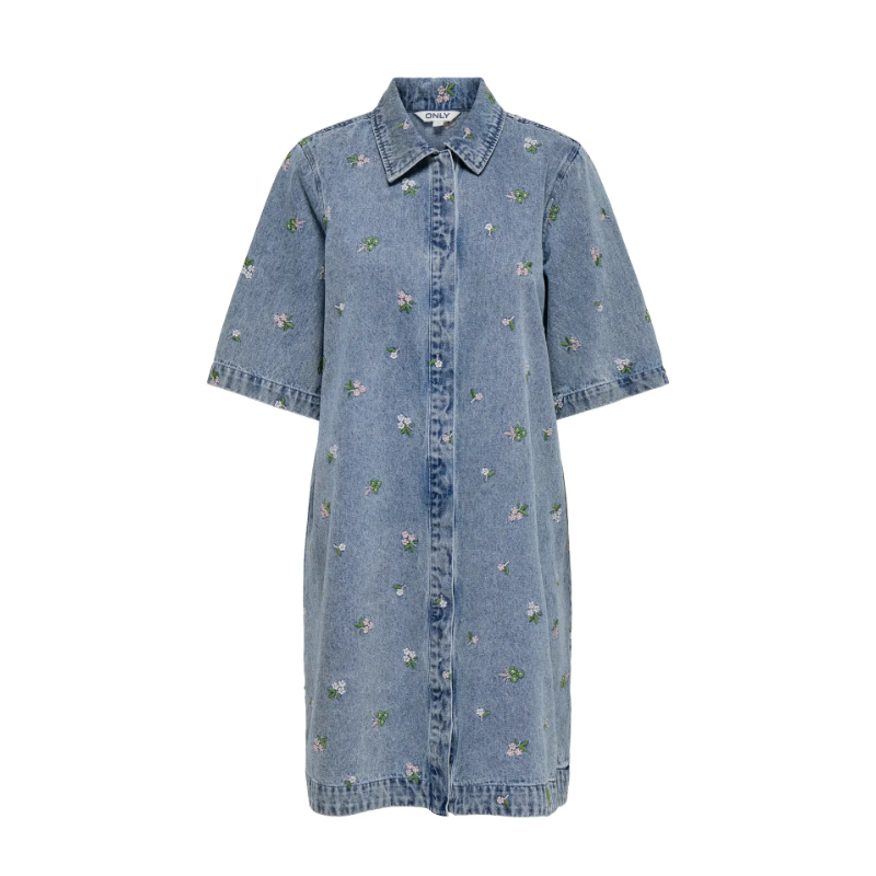 ONLY Vera-Belle S/S Blomster Denim Kjole - Light Blue Denim