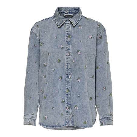 ONLY Vera L/S Blomster Broderi Denim Skjorte - Light Blue Denim