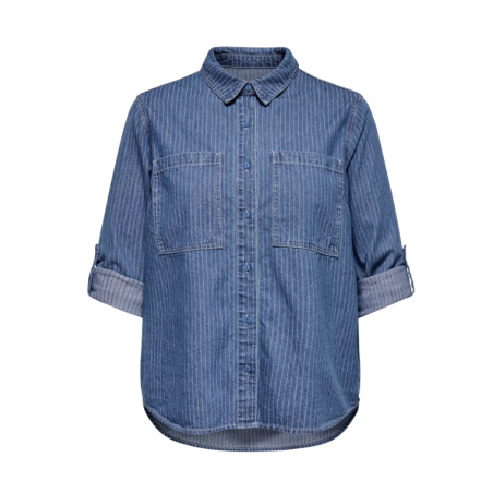 ONLY CARMAKOMA Yasmin L/S Stribet Skjorte - Medium Blue Denim