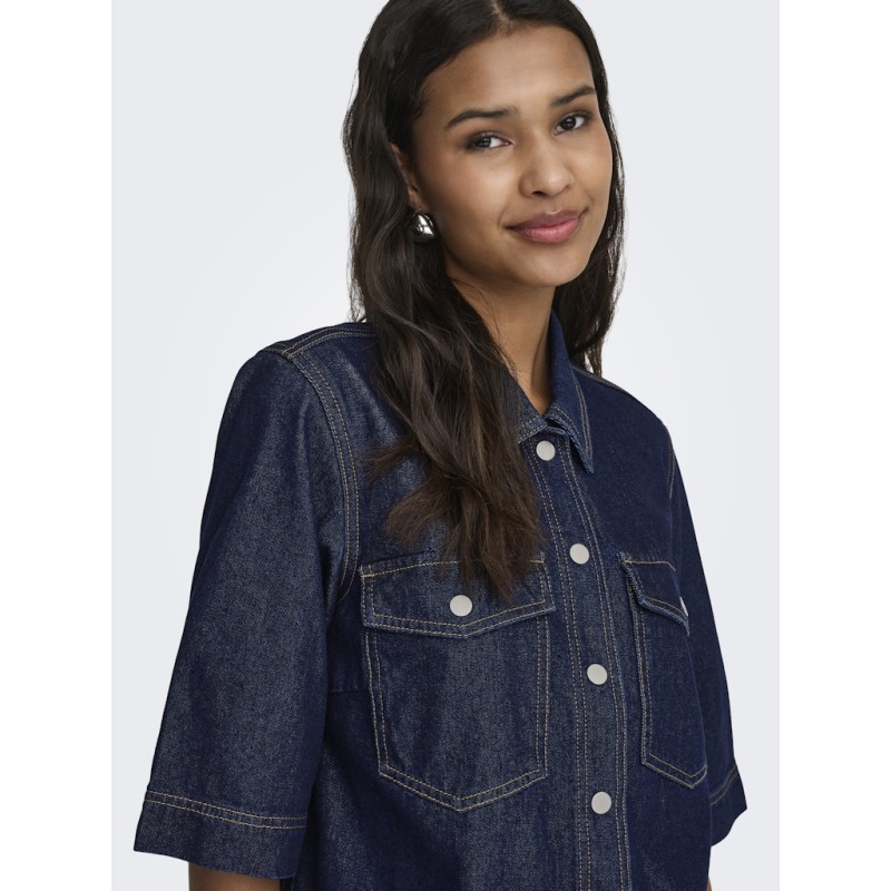 ONLY Belle S/S Denim Skjorte - Dark Blue Denim Rinse