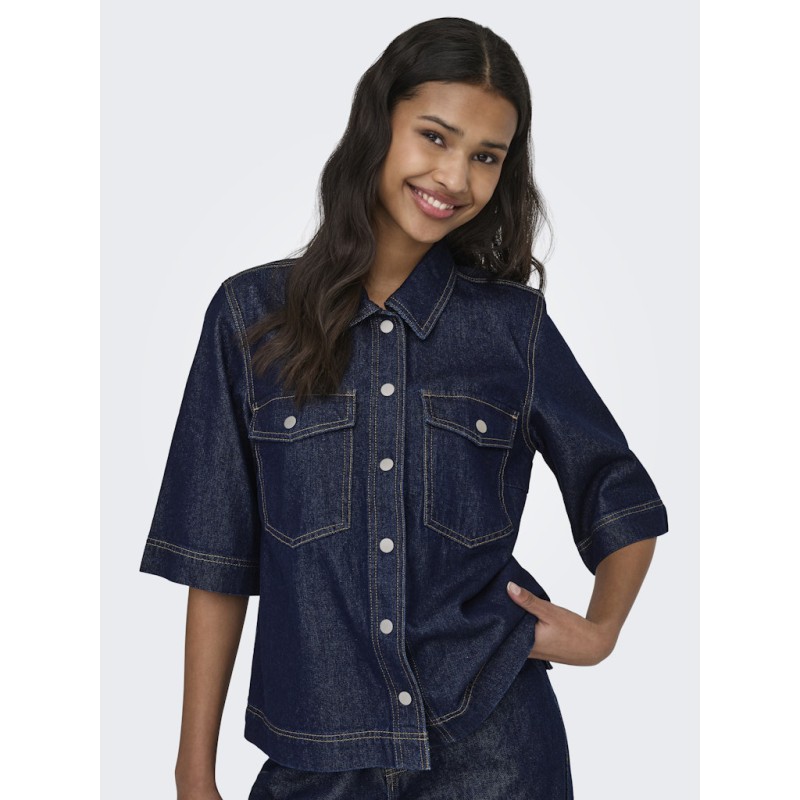 ONLY Belle S/S Denim Skjorte - Dark Blue Denim Rinse
