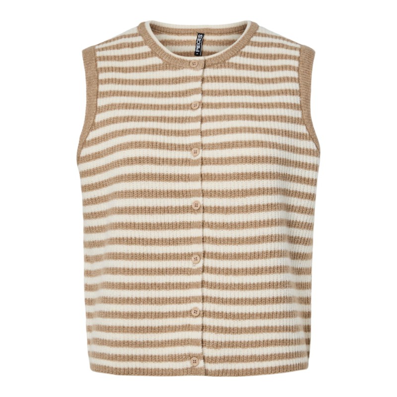PIECES Malou Stribet Vest Cardigan - Greige