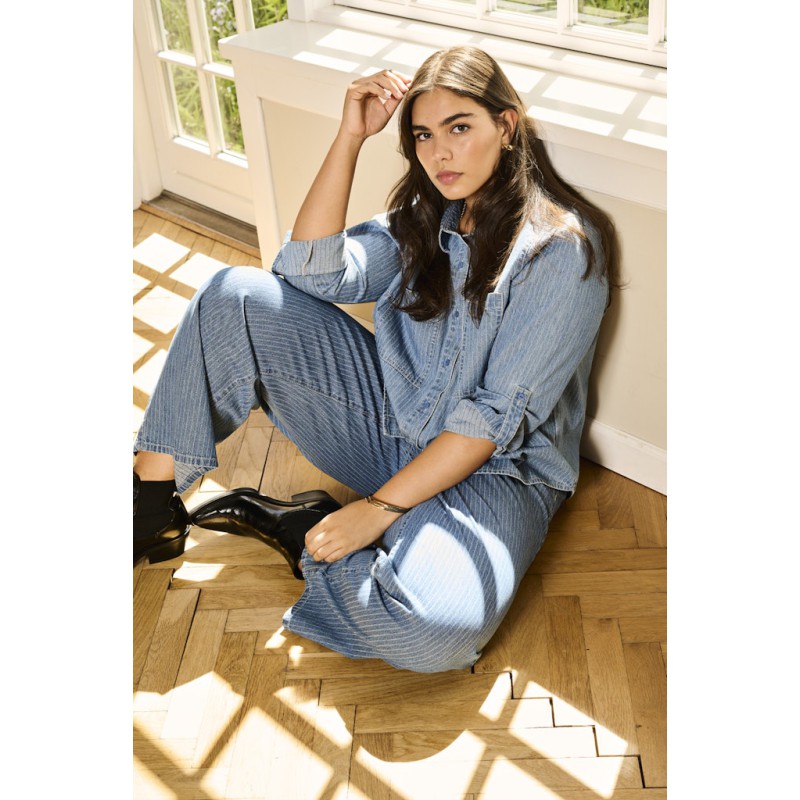 ONLY CARMAKOMA Yasmin HW Stribet Bukser - Medium Blue Denim