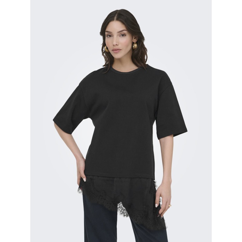 JDY Alma lace detail T-shirt - Black