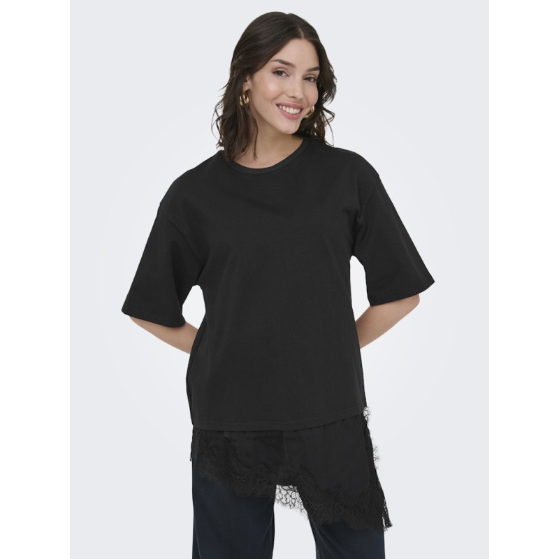 JDY Alma lace detail T-shirt - Black