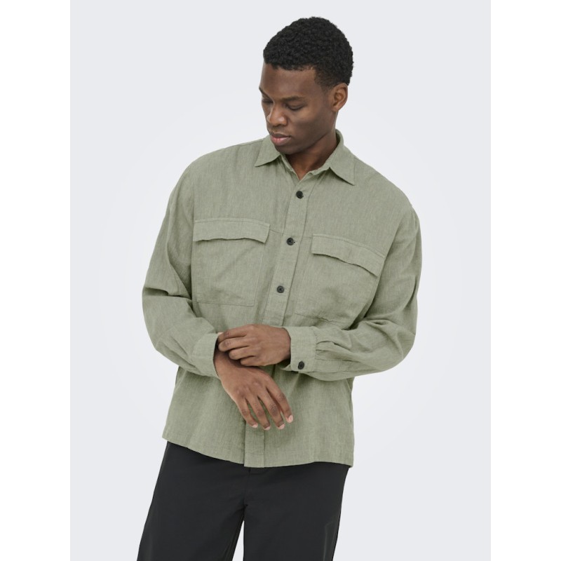 ONLY & SONS Caiden langærmet Hør Skjorte - Swamp