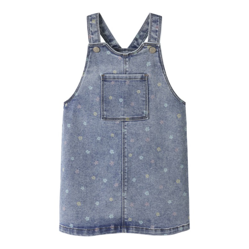 NAME IT MINI Rosa Kort Denim Overall Kjole - Medium Blue Denim / Blomster