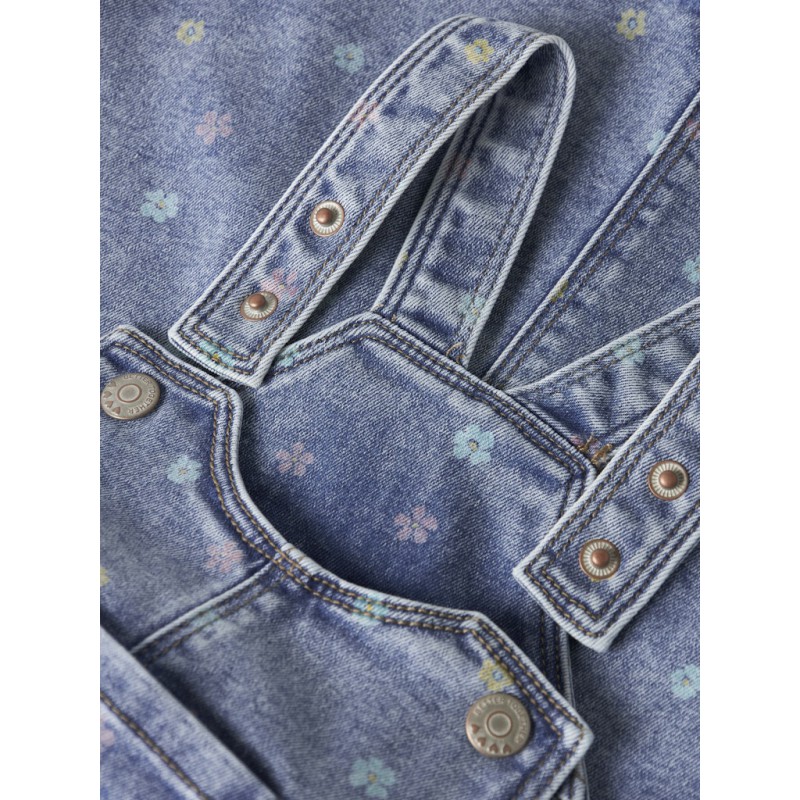 NAME IT MINI Rosa Kort Denim Overall Kjole - Medium Blue Denim / Blomster