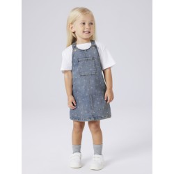 NAME IT MINI Rosa Kort Denim Overall Kjole - Medium Blue Denim / Blomster