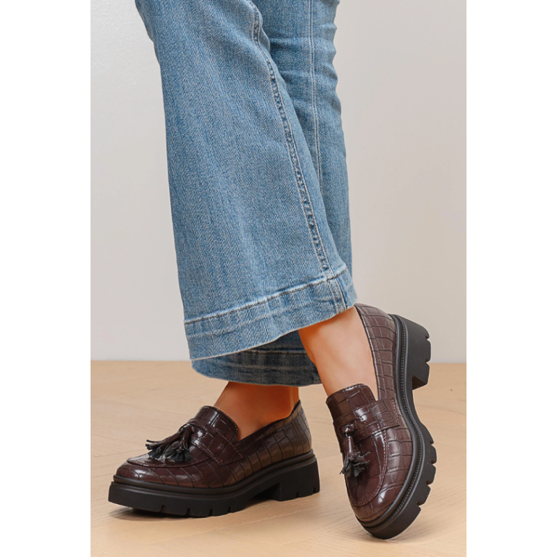 Italia Tassel Loafers Med Krokodille Effekt - Dark Maroon