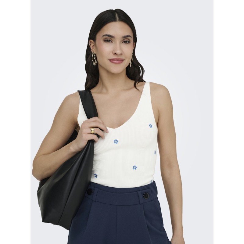 JDY Nanna S/L Broderet Strik Top - Cloud Dancer / Forget me not