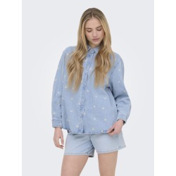ONLY Vera langærmet daisy denim skjorte - Medium Blue Denim