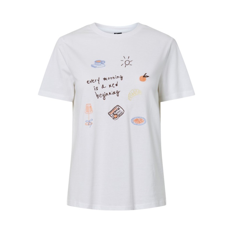 PIECES Gak kortærmet embroidery t-shirt - Bright White Every Morning