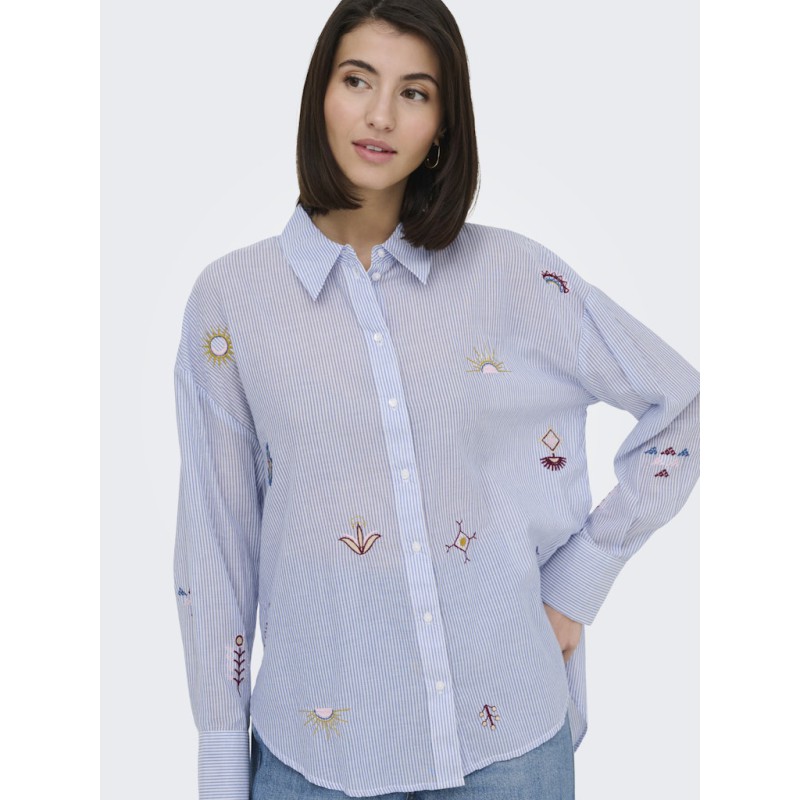 JDY Paige langærmet loose broderi skjorte - Cloud Dancer / Blue stripe