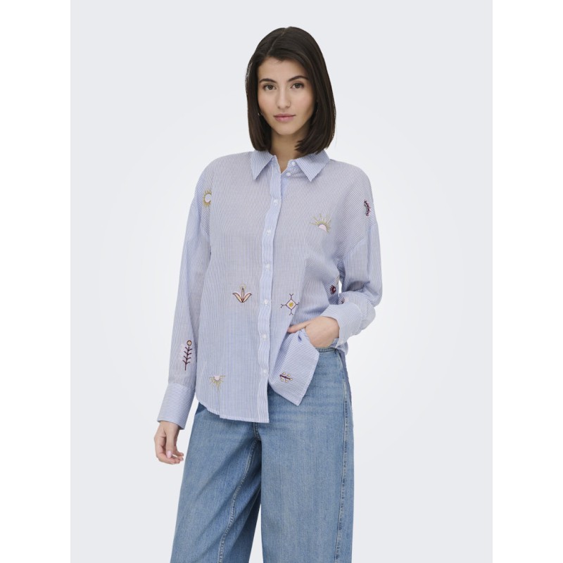 JDY Paige langærmet loose broderi skjorte - Cloud Dancer / Blue stripe