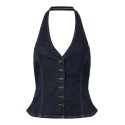 PIECES Daisy halterneck denim top - Dark Blue Denim