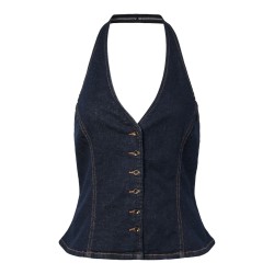 PIECES Daisy halterneck denim top - Dark Blue Denim