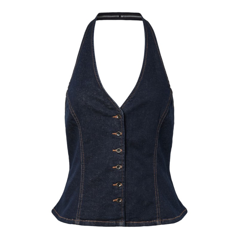 PIECES Daisy halterneck denim top - Dark Blue Denim