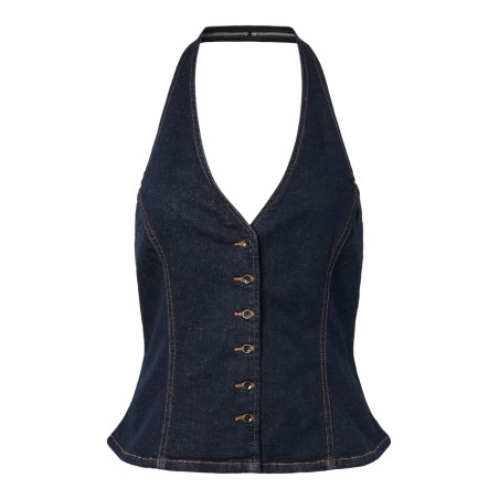 PIECES Daisy halterneck denim top - Dark Blue Denim