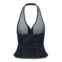 PIECES Daisy halterneck denim top - Dark Blue Denim