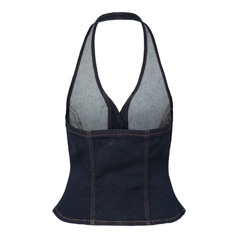 PIECES Daisy halterneck denim top - Dark Blue Denim