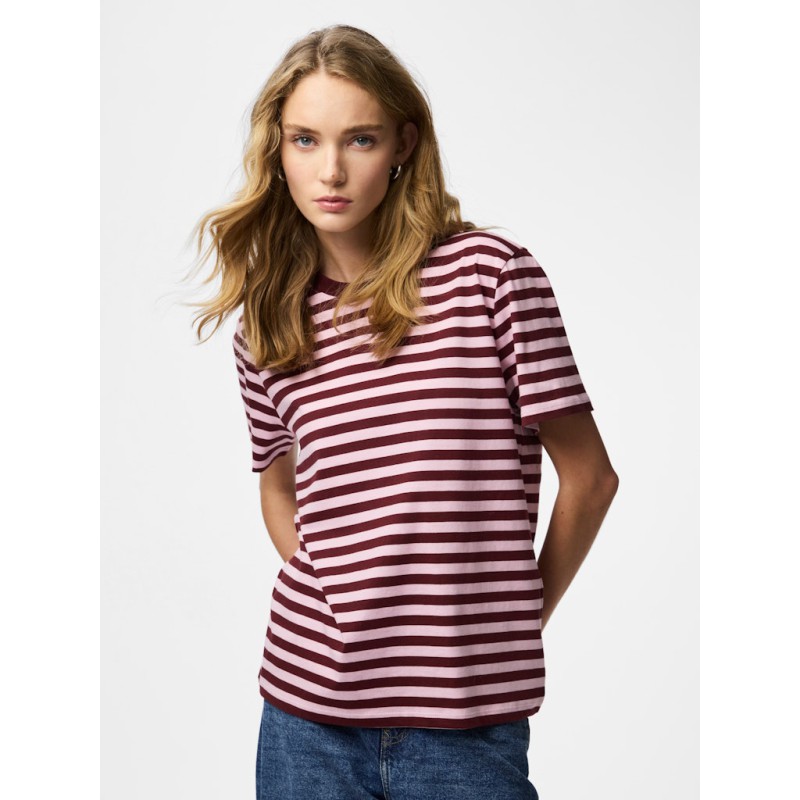 PIECES Ria kortærmet multicolor stribet t-shirt - Tawny Port / ROSEATE SPOONBILL
