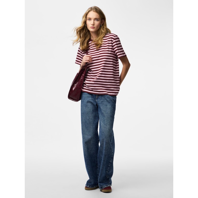 PIECES Ria kortærmet multicolor stribet t-shirt - Tawny Port / ROSEATE SPOONBILL