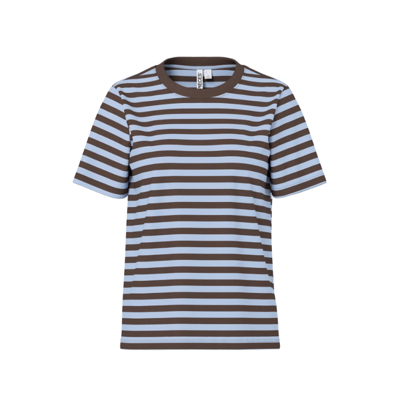 PIECES Ria kortærmet multicolor stribet t-shirt - Hot Fudge / CASHMERE BLUE