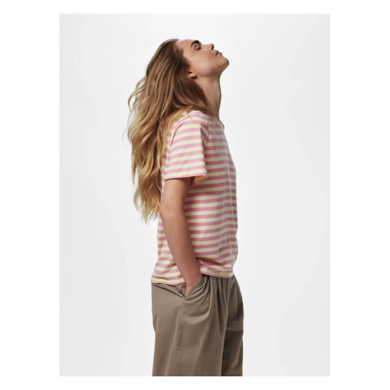 PIECES Ria kortærmet multicolor stribet t-shirt - French Vanilla / Sea Pink