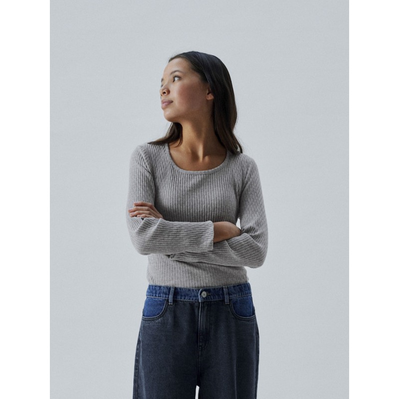 LMTD Ninusa langærmet u-hals bluse - Grey Melange