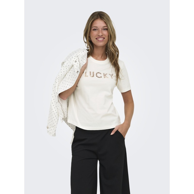JDY Selma kortærmet T-shirt med broderi - Cloud Dancer