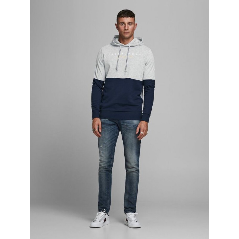 JACK & JONES SWEAT HOODIE - LIGHT GREY/ NAVY BLAZER
