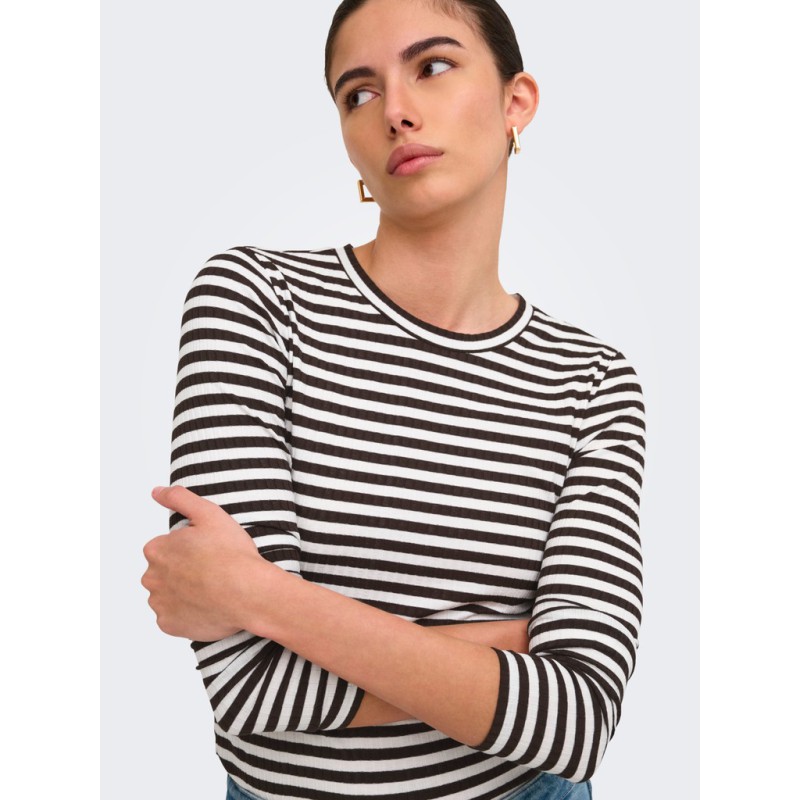 JDY Fransiska langærmet stribet rund hals bluse - Cloud Dancer COFFEE BEAN