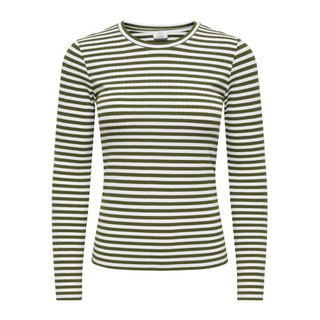 JDY Fransiska langærmet stribet rund hals bluse - Cloud Dancer DARK OLIVE