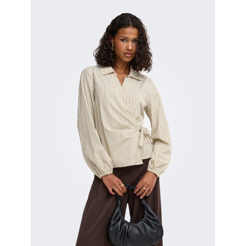 JDY Rika langærmet binde knude skjorte - Eggnog/Brown/Black