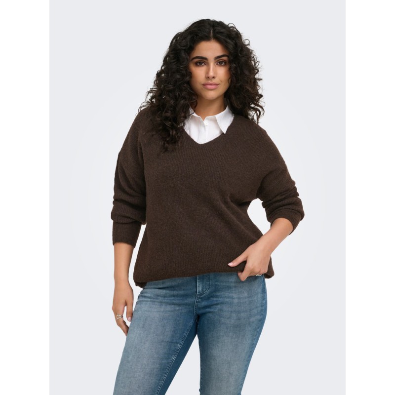 ONLY CARMAKOMA Camilla V-hals strik pullover - Coffee Bean