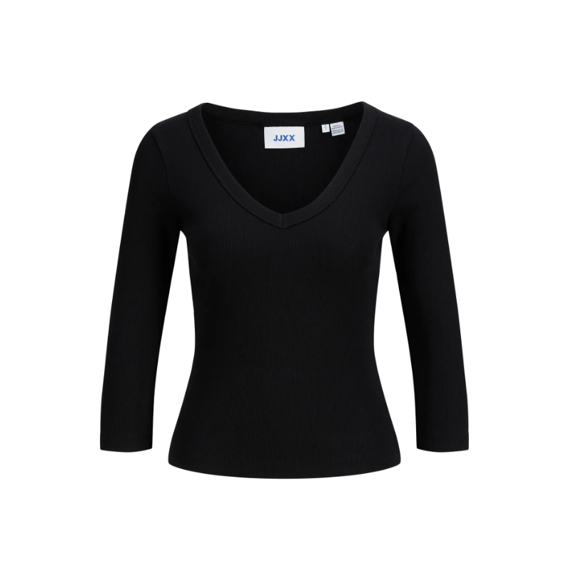 JJXX Fifi 3/4 ærme rib V-hals bluse - Sort